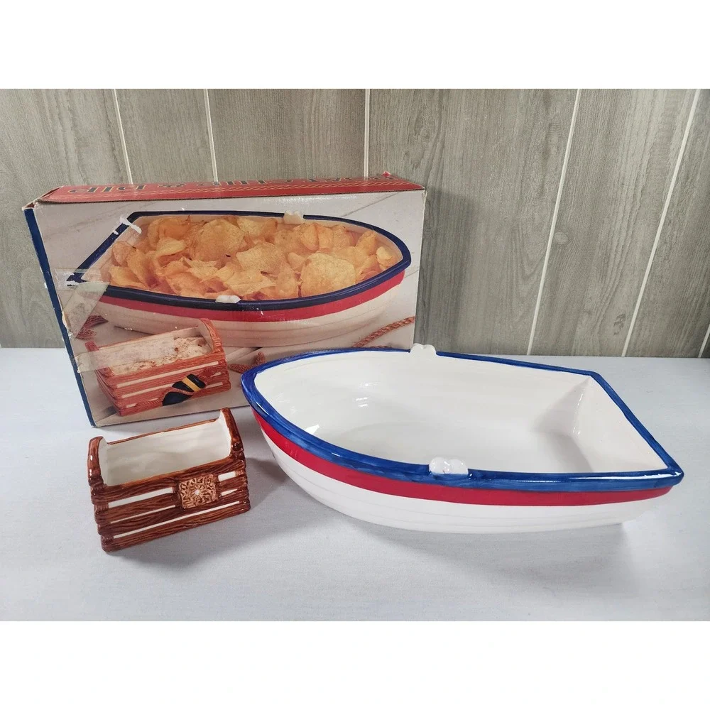 Vintage 1995 Boston Warehouse Chip & Dip Set Nautical Boat Coastal Beach Party